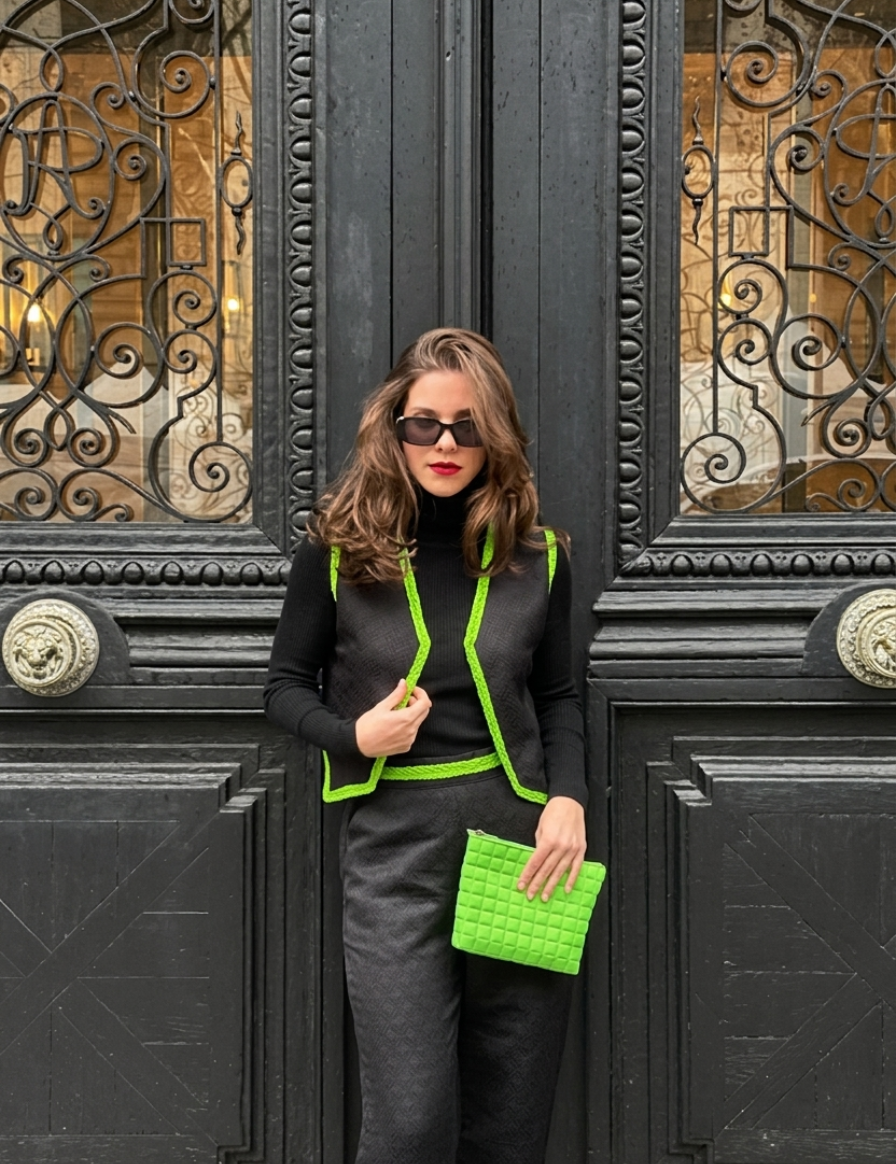 A woman with brown hair and sunglasses posing in front of ornate black doors, wearing a black outfit with striking neon green trim and holding a matching bright green quilted clutch.