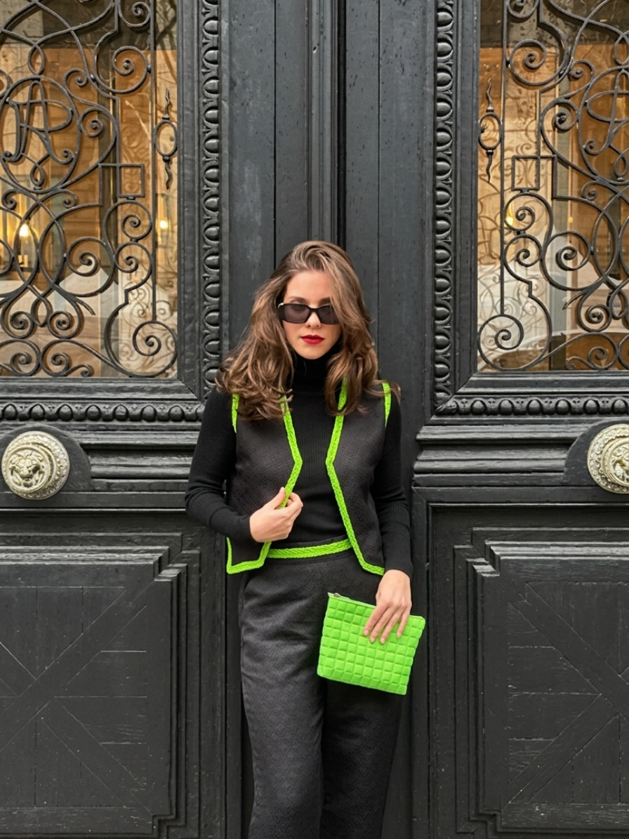 A woman with brown hair and sunglasses posing in front of ornate black doors, wearing a black outfit with striking neon green trim and holding a matching bright green quilted clutch.