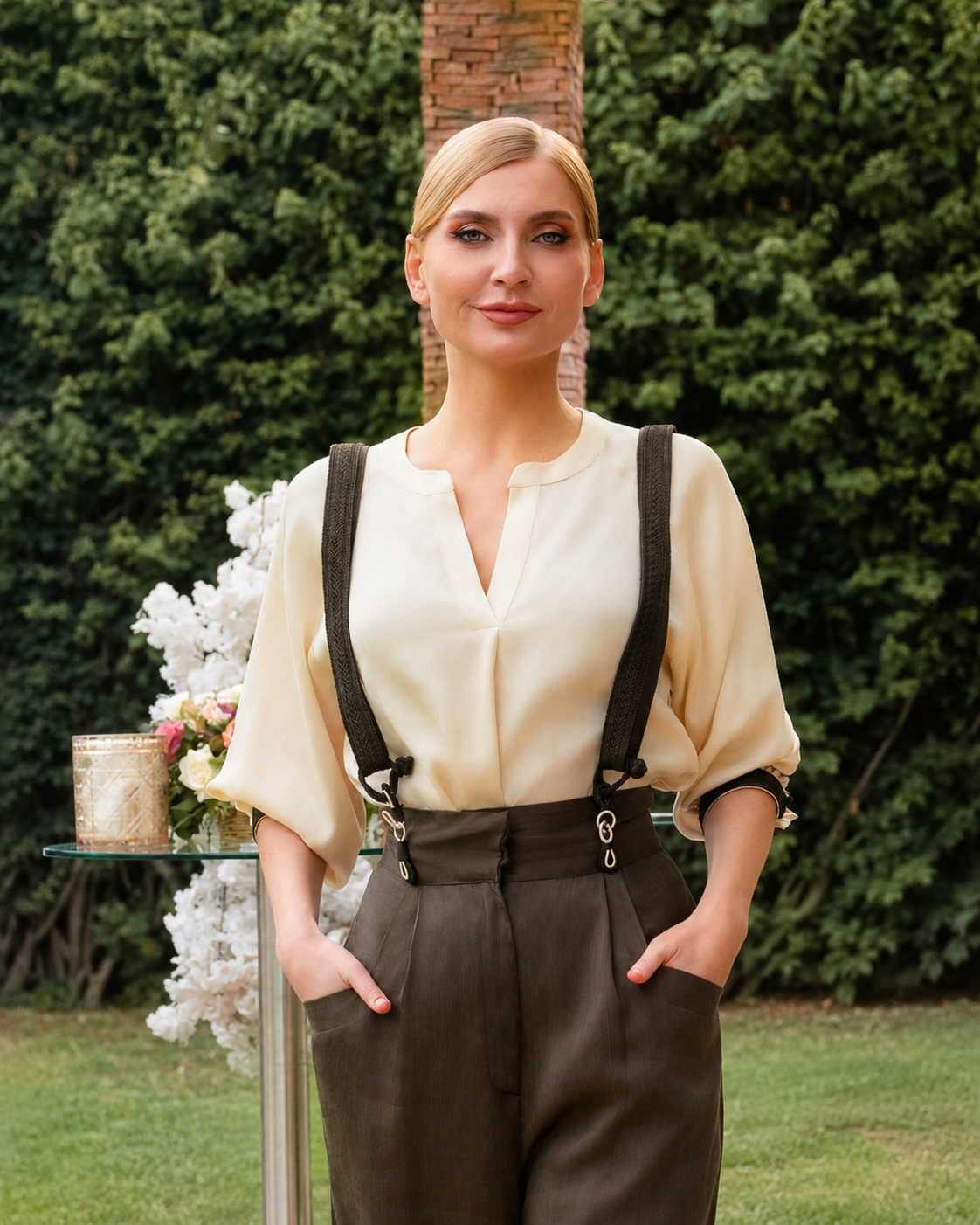 A woman stands outdoors in front of a green hedge, wearing a cream blouse with dark suspenders and dark brown trousers. She is standing next to a small glass table with white flowers.