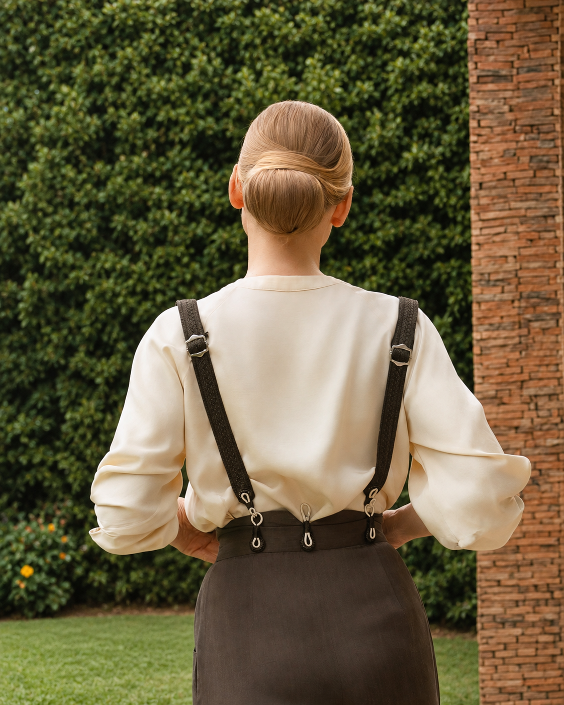 A woman viewed from behind wearing a cream blouse with dark brown suspenders and a dark brown skirt, standing outdoors in front of a green hedge and brick column.