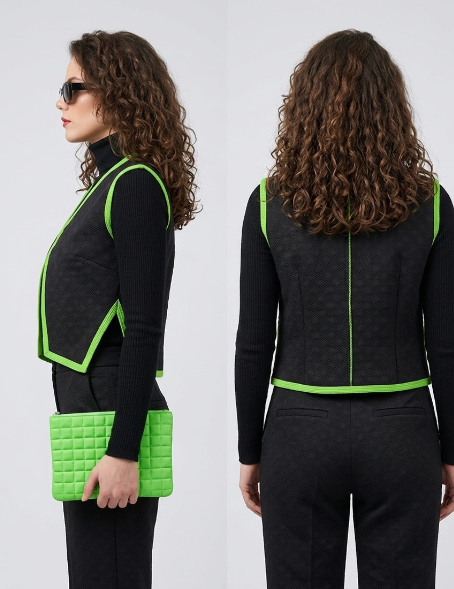 A side-by-side composite image showing the profile and back views of a model wearing a subtly textured black vest and trousers outfit, accented with bright neon green braided trim and paired with a matching green quilted clutch.