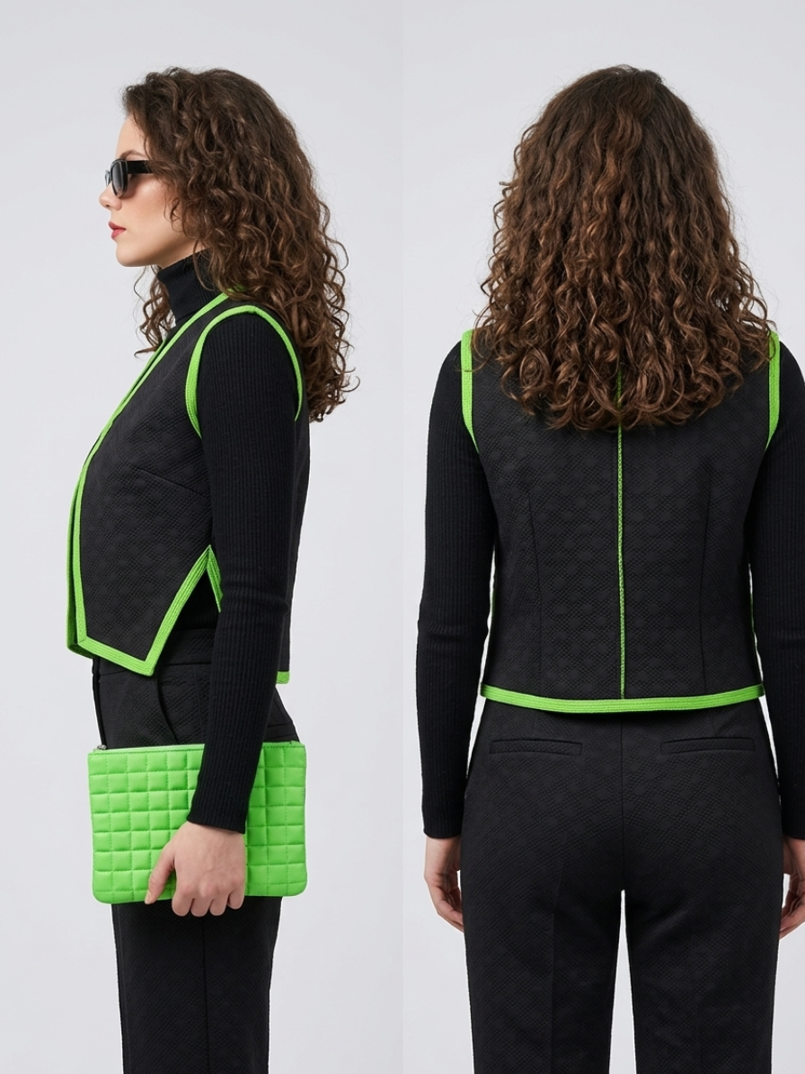 A side-by-side composite image showing the profile and back views of a model wearing a subtly textured black vest and trousers outfit, accented with bright neon green braided trim and paired with a matching green quilted clutch.
